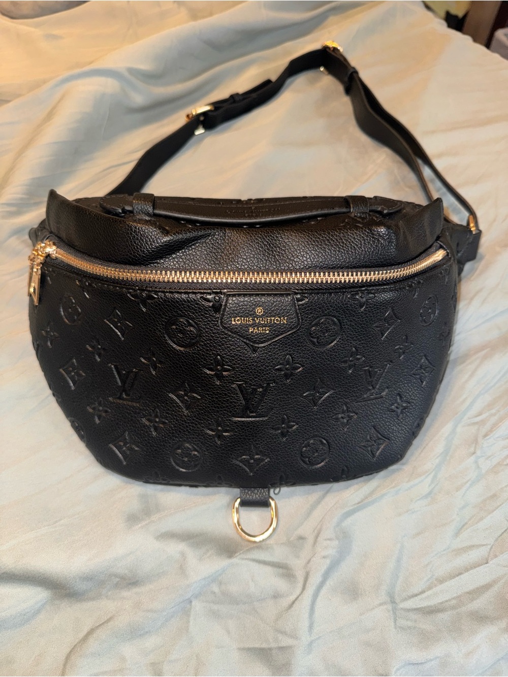 Source Unknown Black Monogram-Embossed Crossbody Belt Bag with Gold Hardware